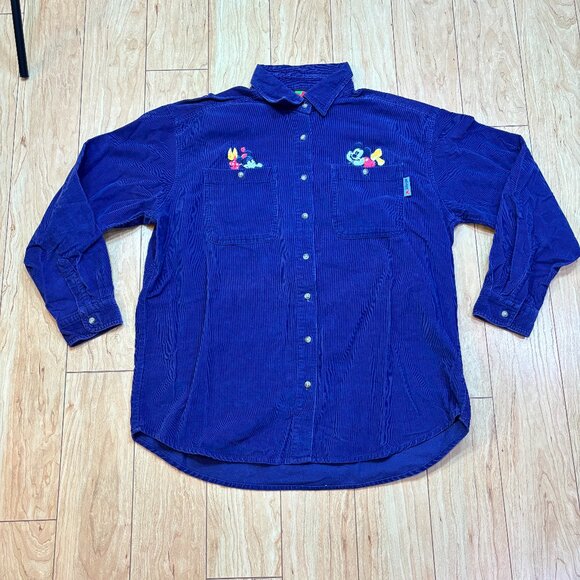 Mickey Unlimited VTG Disney Mickey Minnie Mouse Blue Corduroy Shirt Size L - Picture 1 of 6